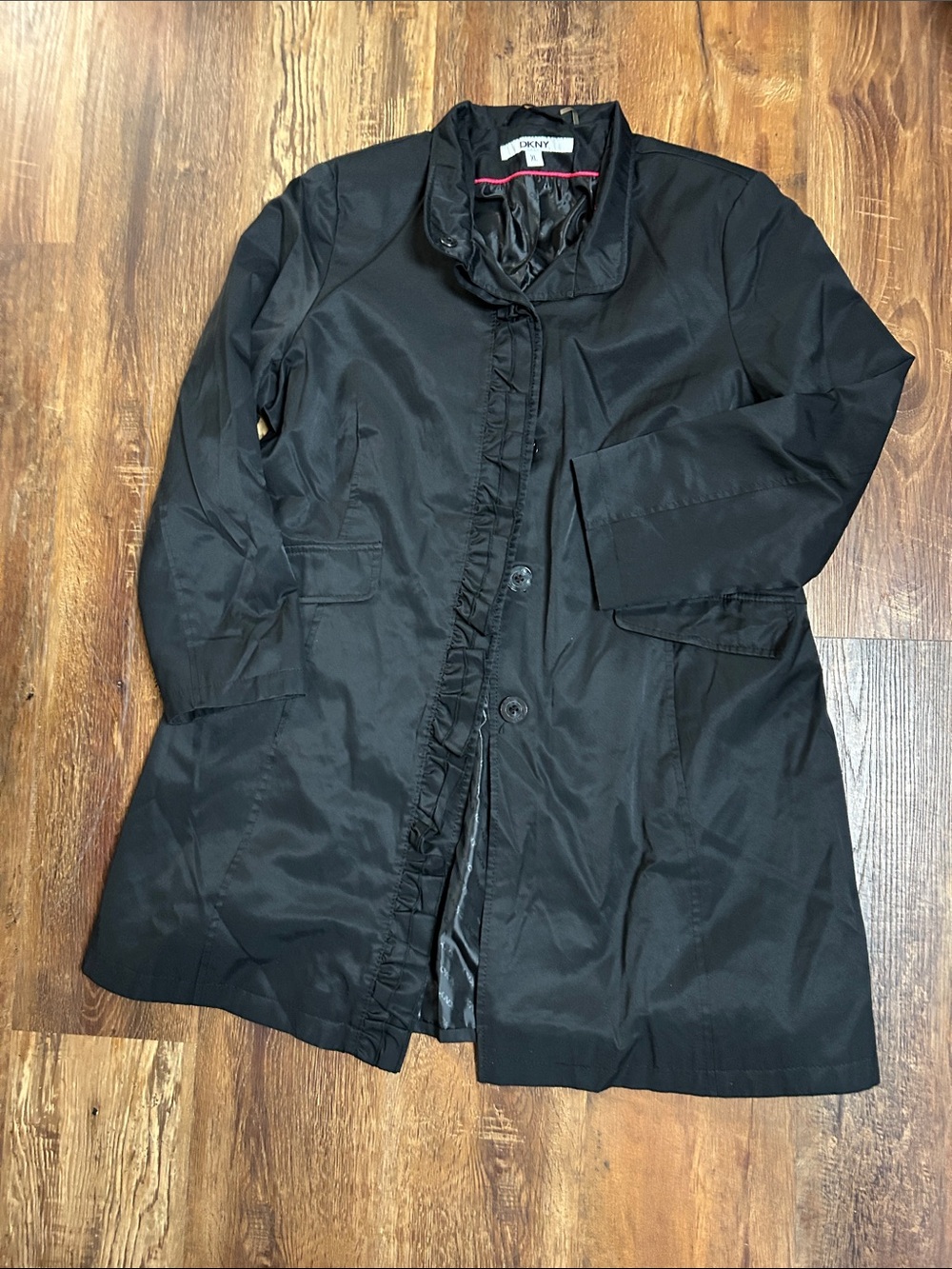 DKNY Black Ruffle-Trim Trench Coat